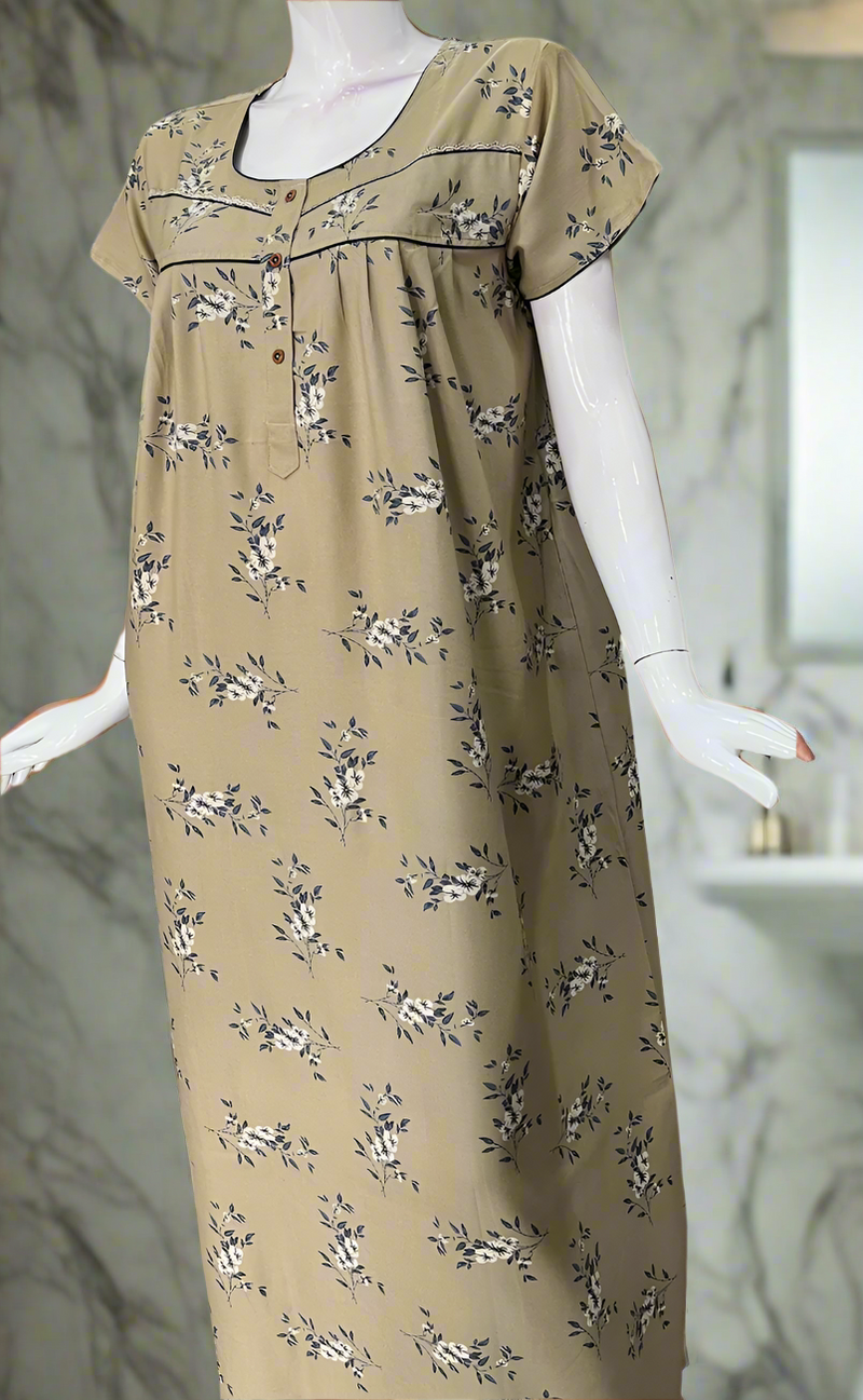 Beige Floral Spun Nighty. Flowy Spun Fabric | Laces and Frills