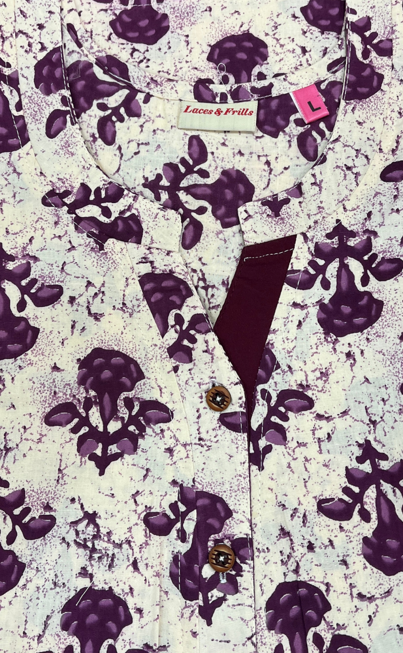 Off White/Purple Floral Pure Cotton Nighty. Pure Durable Cotton | Laces and Frills