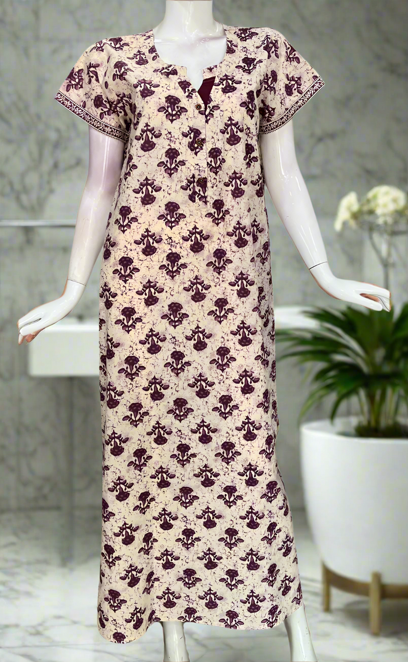 Off White/Purple Floral Pure Cotton Nighty. Pure Durable Cotton | Laces and Frills