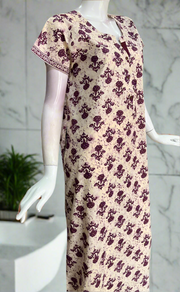 Off White/Purple Floral Pure Cotton Nighty. Pure Durable Cotton | Laces and Frills