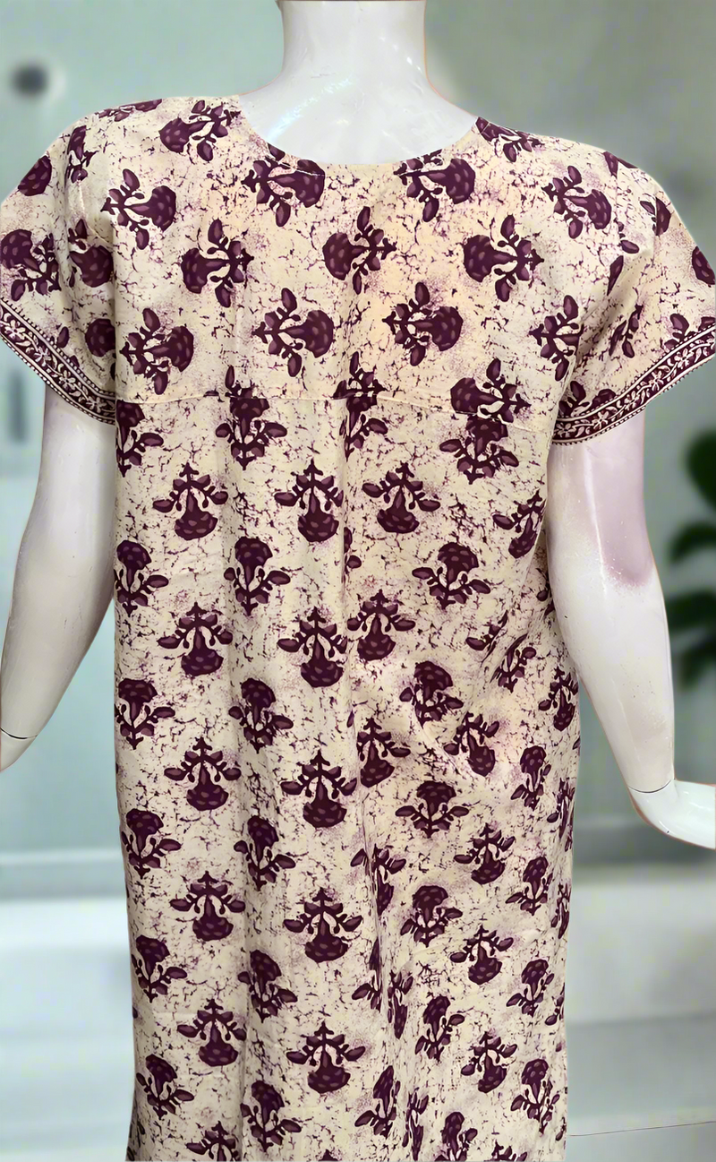 Off White/Purple Floral Pure Cotton Nighty. Pure Durable Cotton | Laces and Frills