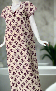 Off White/Purple Floral Pure Cotton Nighty. Pure Durable Cotton | Laces and Frills