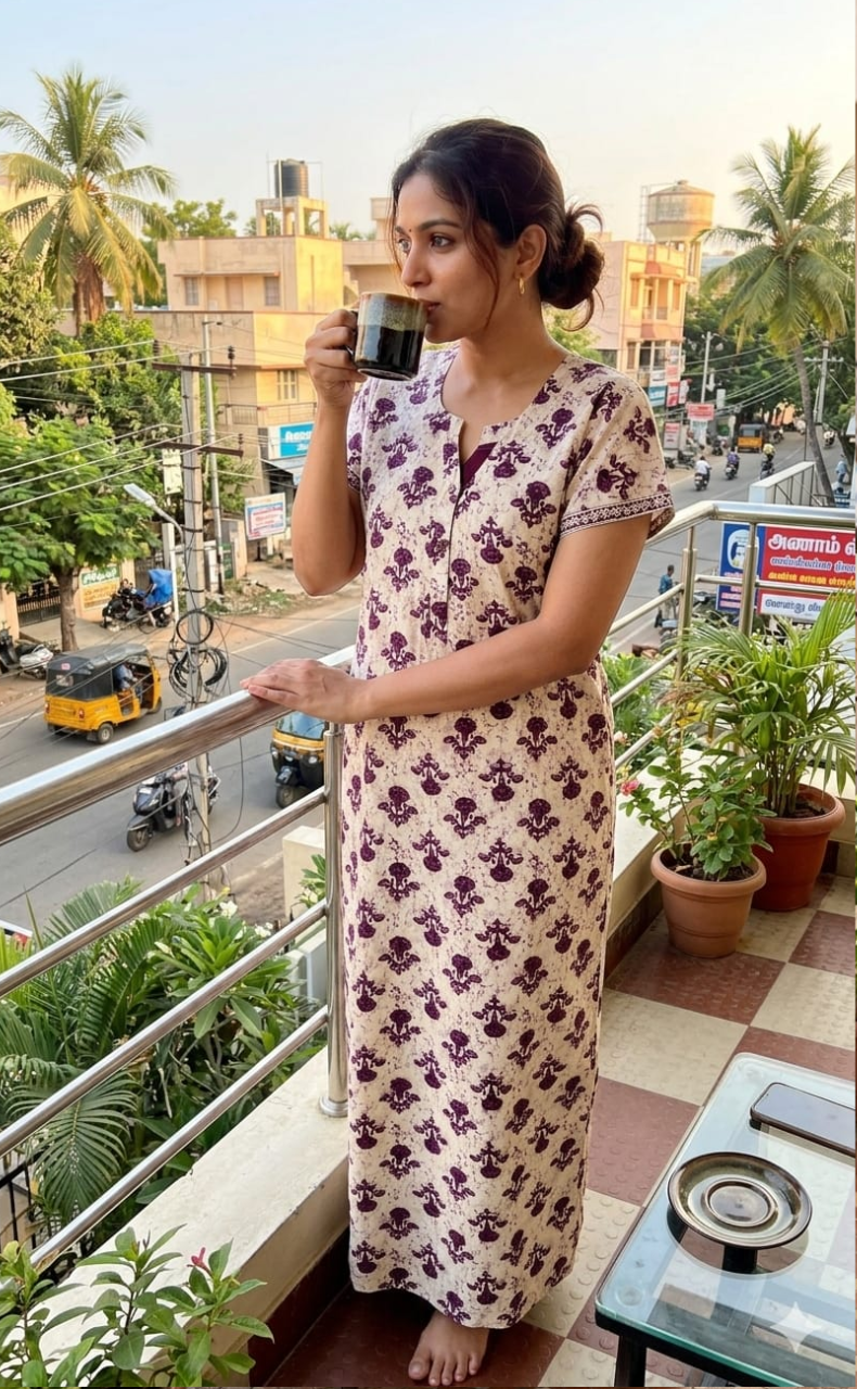 Off White/Purple Floral Pure Cotton Nighty. Pure Durable Cotton | Laces and Frills - Laces and Frills