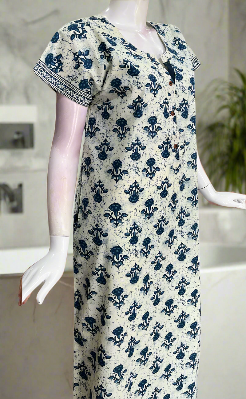 Off White/Blue Floral Pure Cotton Nighty. Pure Durable Cotton | Laces and Frills