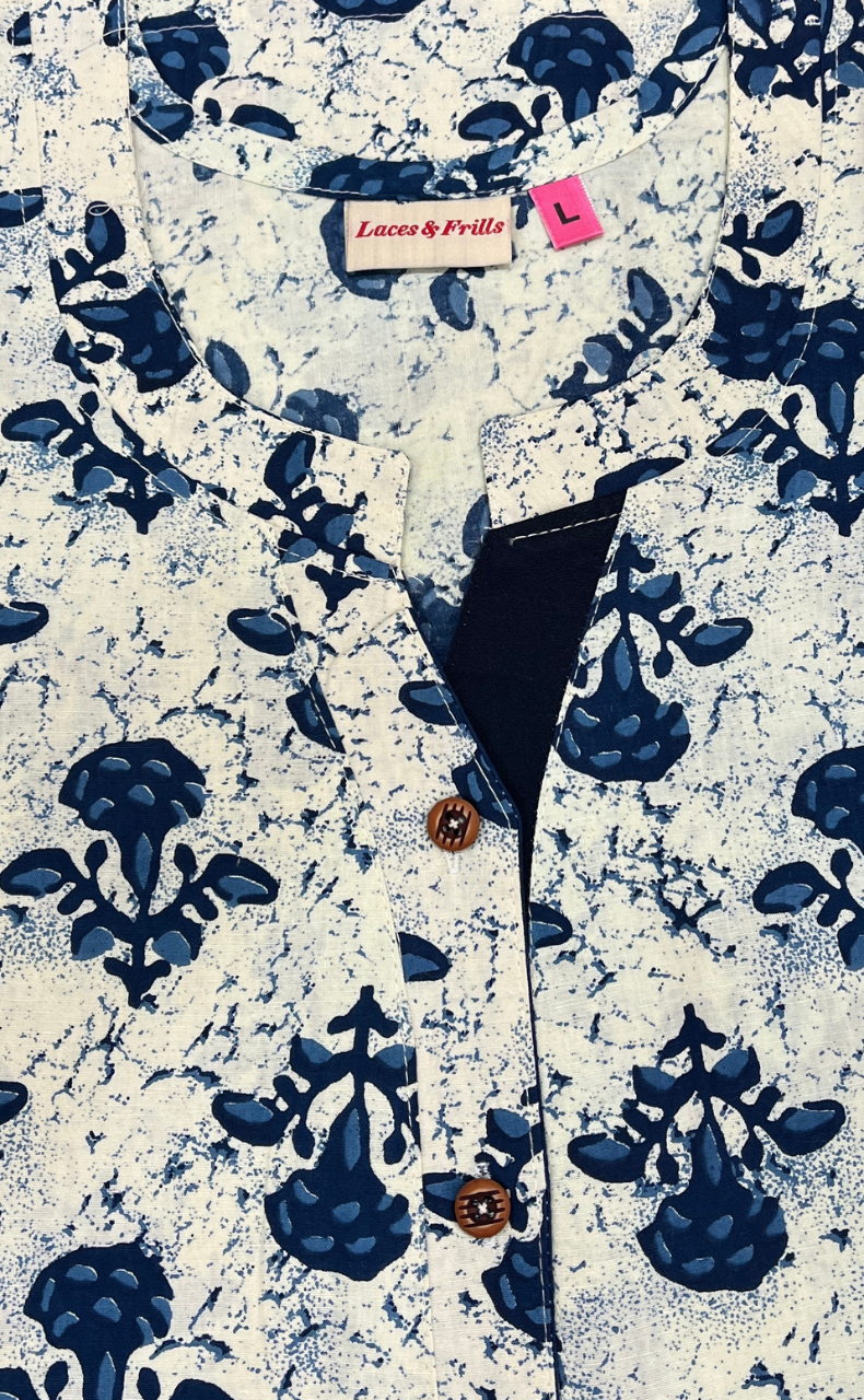 Off White/Blue Floral Pure Cotton Nighty. Pure Durable Cotton | Laces and Frills