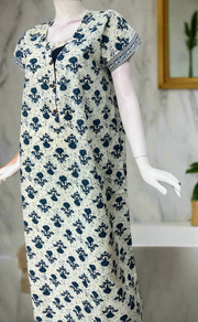 Off White/Blue Floral Pure Cotton Nighty. Pure Durable Cotton | Laces and Frills