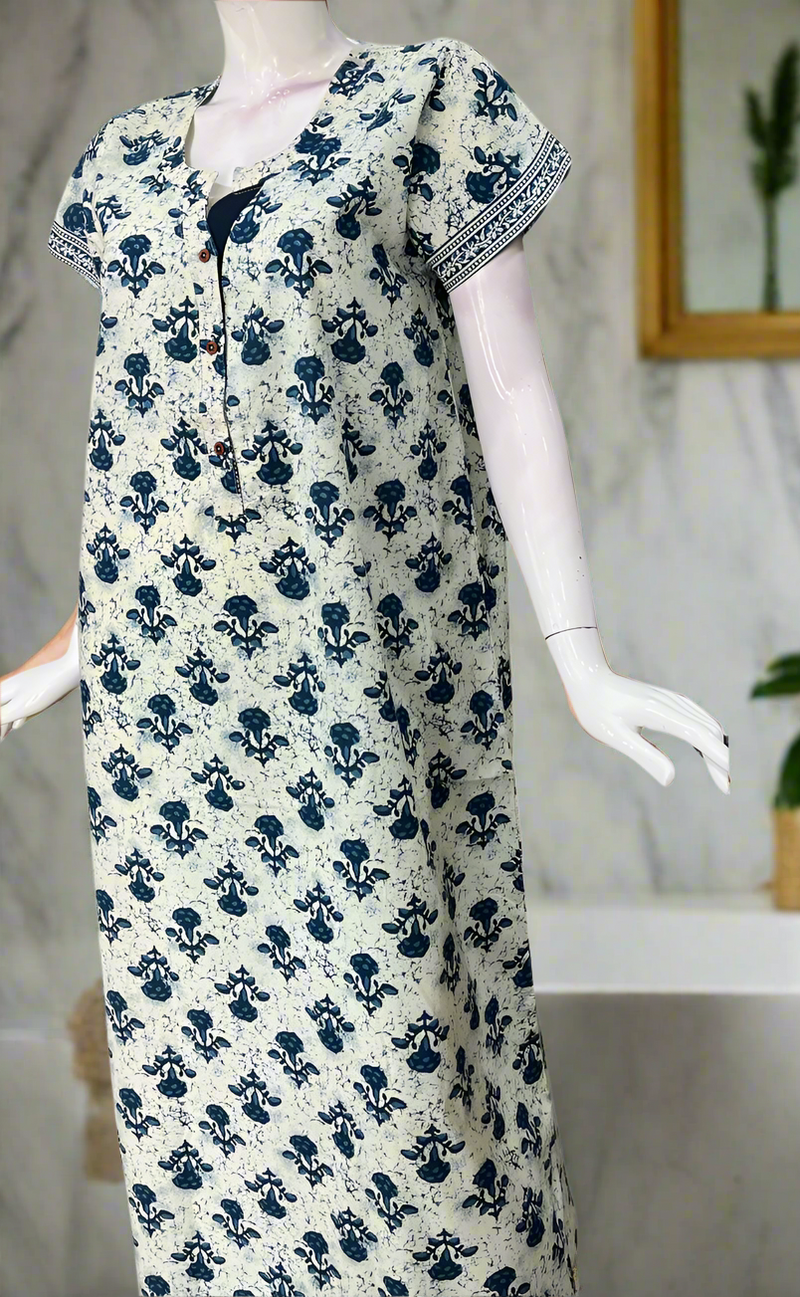 Off White/Blue Floral Pure Cotton Nighty. Pure Durable Cotton | Laces and Frills