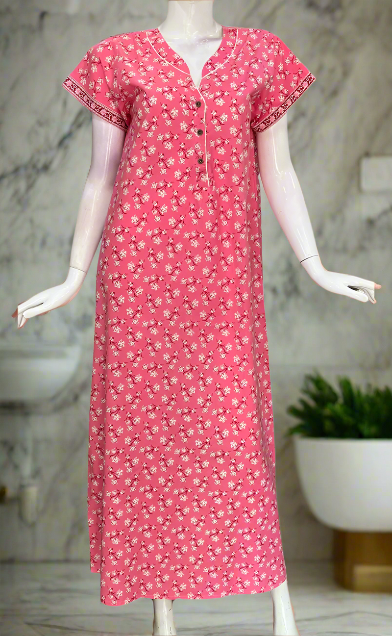 Pink Floral Pure Cotton Nighty. Pure Durable Cotton | Laces and Frills