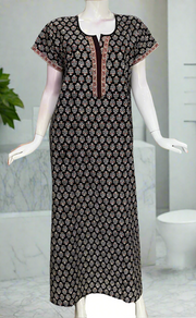 Black Floral Motif Pure Cotton Nighty. Pure Durable Cotton | Laces and Frills