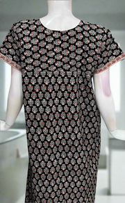 Black Floral Motif Pure Cotton Nighty. Pure Durable Cotton | Laces and Frills