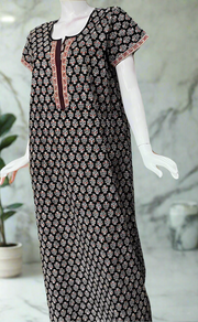 Black Floral Motif Pure Cotton Nighty. Pure Durable Cotton | Laces and Frills