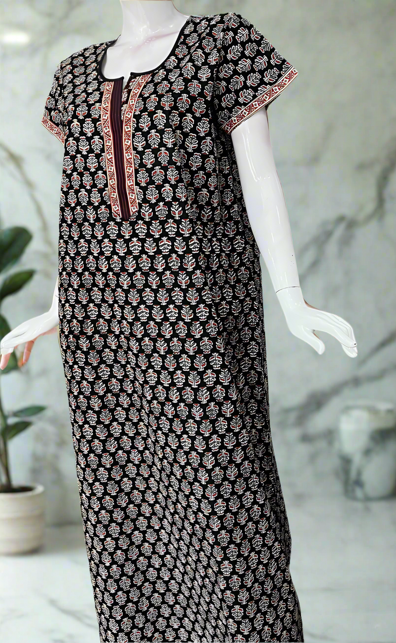 Black Floral Motif Pure Cotton Nighty. Pure Durable Cotton | Laces and Frills