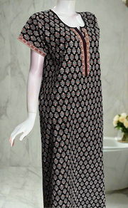 Black Floral Motif Pure Cotton Nighty. Pure Durable Cotton | Laces and Frills