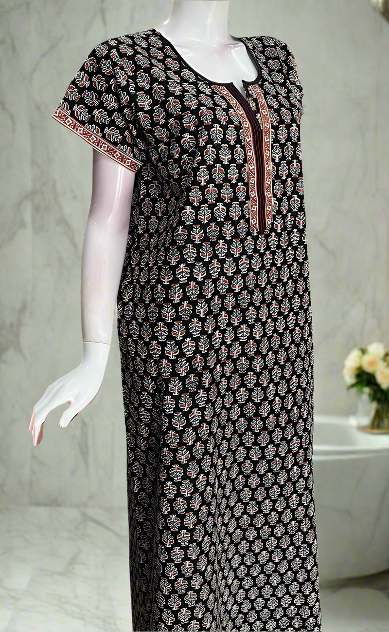 Black Floral Motif Pure Cotton Nighty. Pure Durable Cotton | Laces and Frills