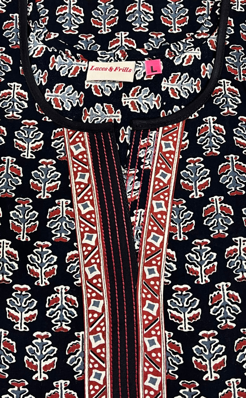 Black Floral Motif Pure Cotton Nighty. Pure Durable Cotton | Laces and Frills