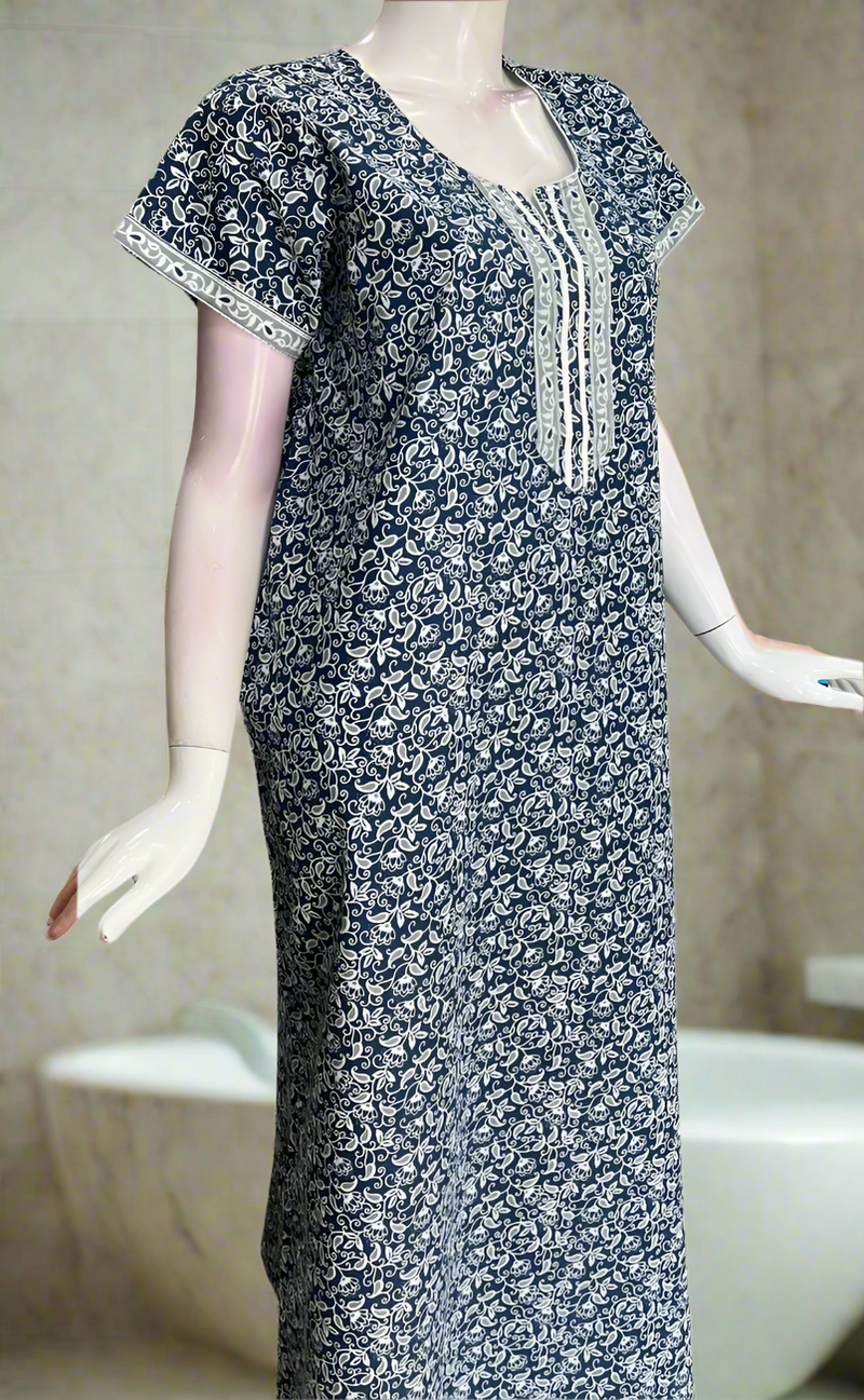 Blue Motif Pure Cotton Nighty. Pure Durable Cotton | Laces and Frills