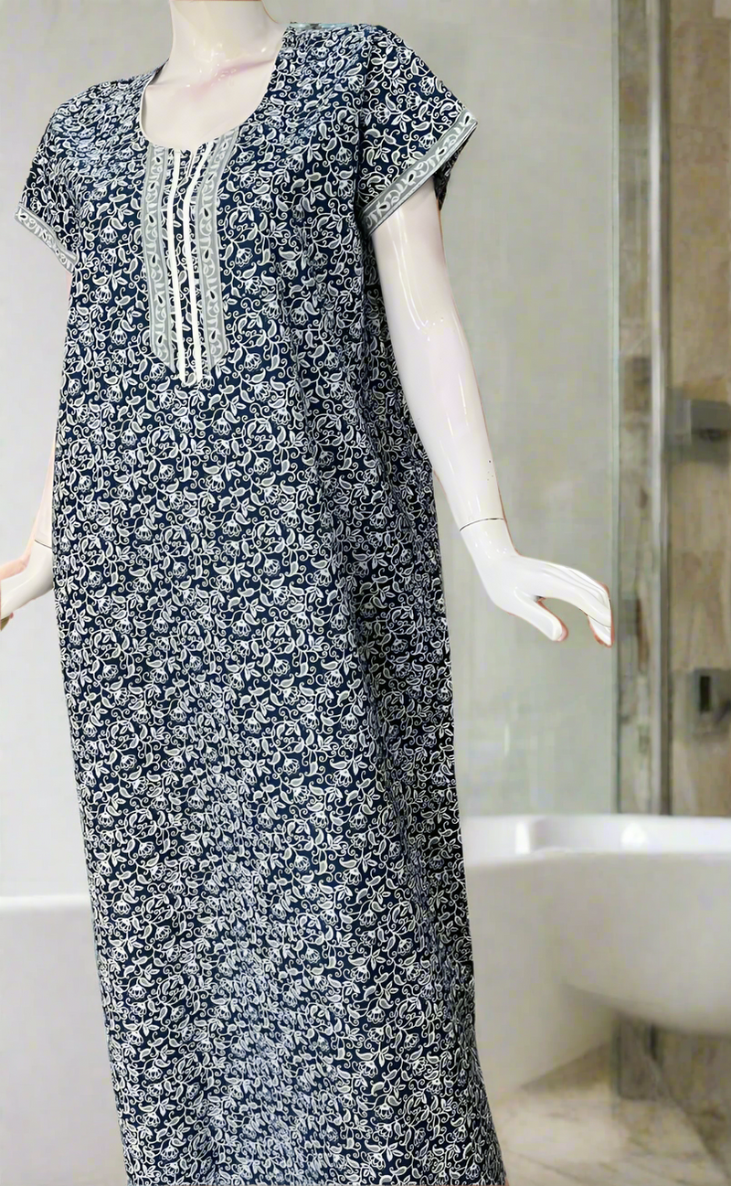 Blue Motif Pure Cotton Nighty. Pure Durable Cotton | Laces and Frills