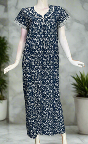 Navy Blue Garden Pure Cotton Zip Nighty. Pure Durable Cotton | Laces and Frills