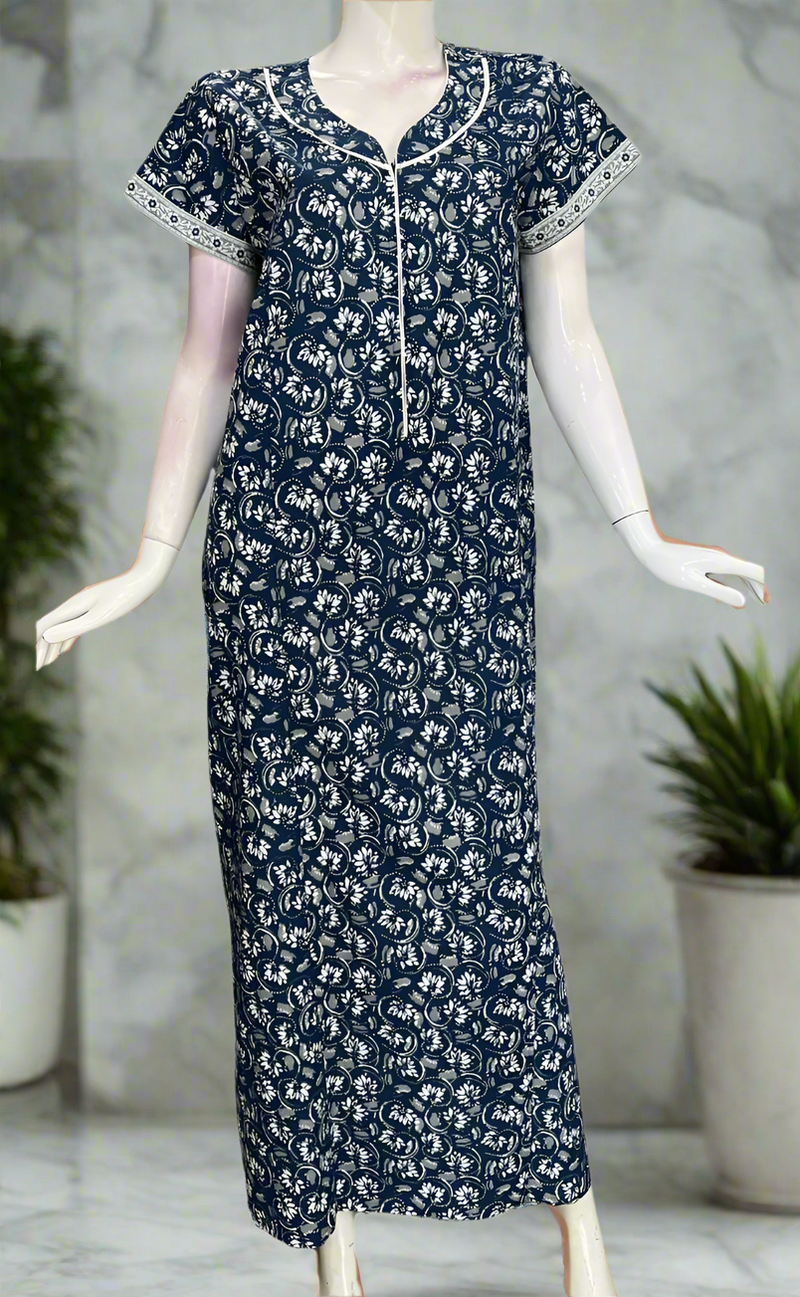 Navy Blue Garden Pure Cotton Zip Nighty. Pure Durable Cotton | Laces and Frills