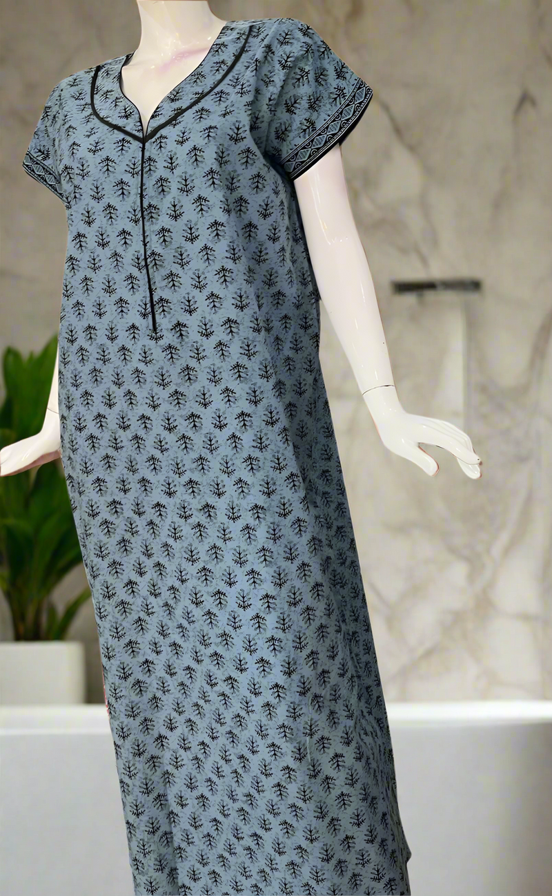 Grey Leafy Pure Cotton Zip Nighty. Pure Durable Cotton | Laces and Frills