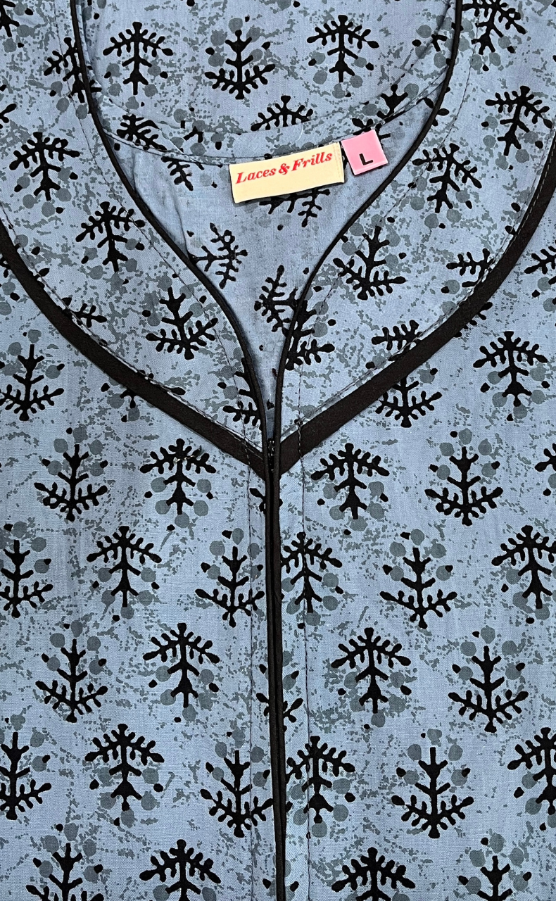 Grey Leafy Pure Cotton Zip Nighty. Pure Durable Cotton | Laces and Frills