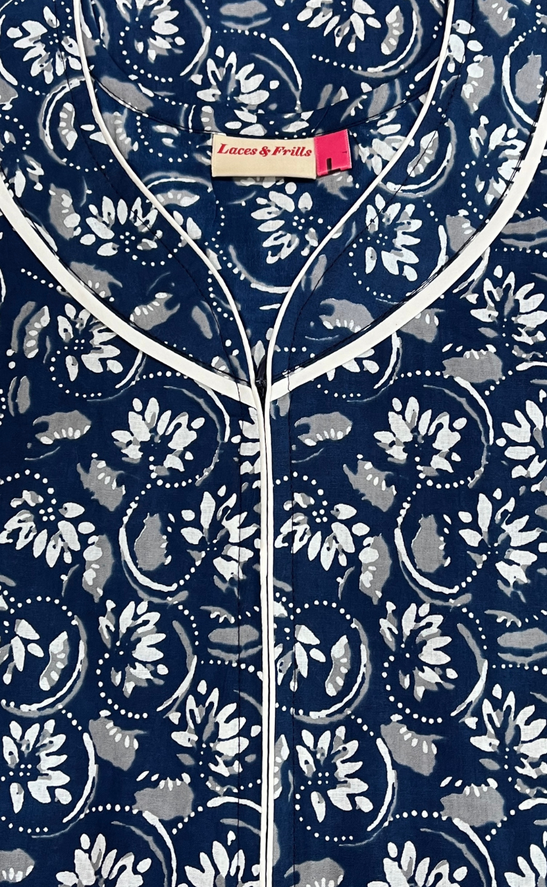 Navy Blue Garden Pure Cotton Zip Nighty. Pure Durable Cotton | Laces and Frills