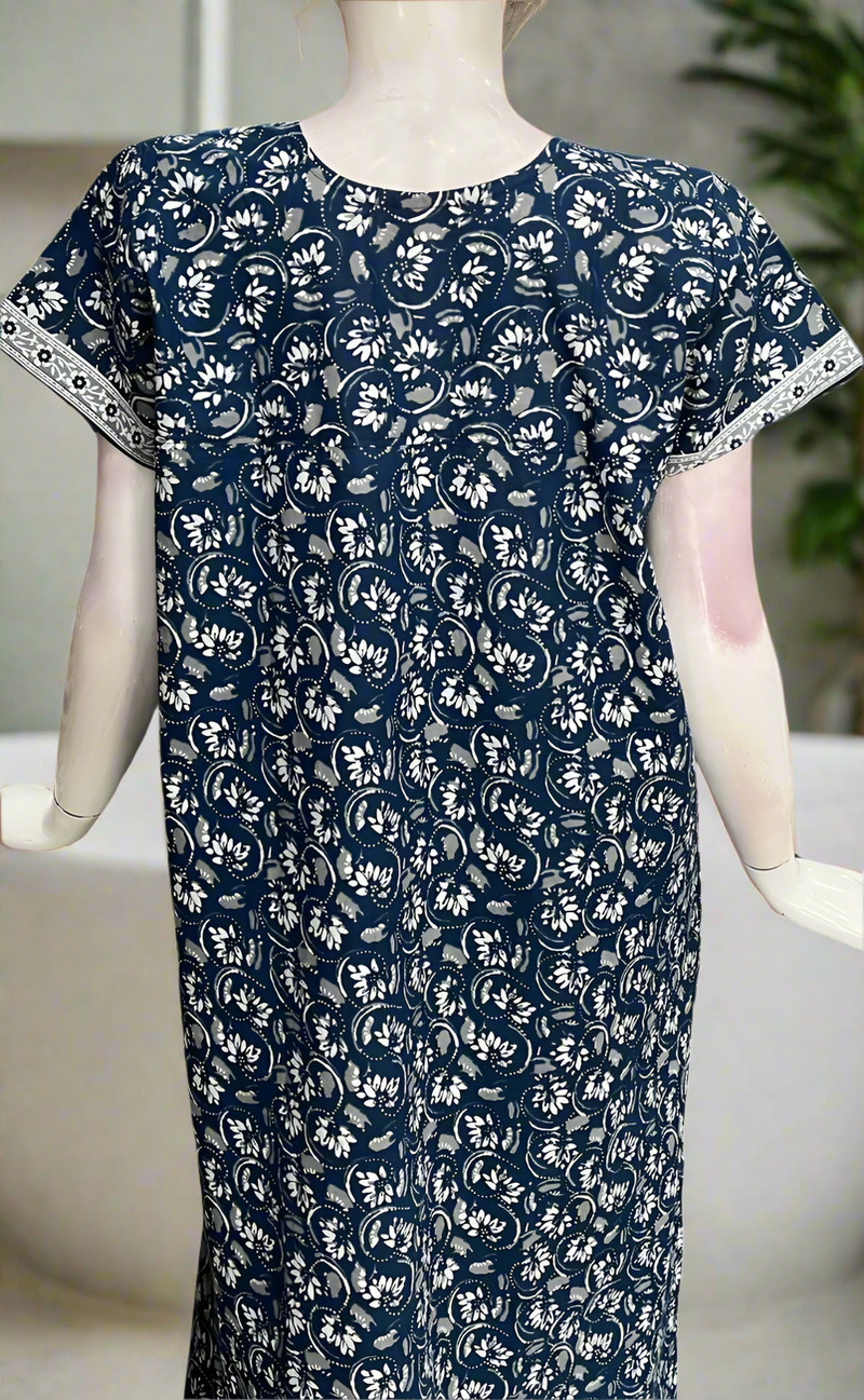 Navy Blue Garden Pure Cotton Zip Nighty. Pure Durable Cotton | Laces and Frills