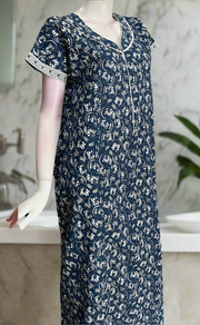 Navy Blue Garden Pure Cotton Zip Nighty. Pure Durable Cotton | Laces and Frills