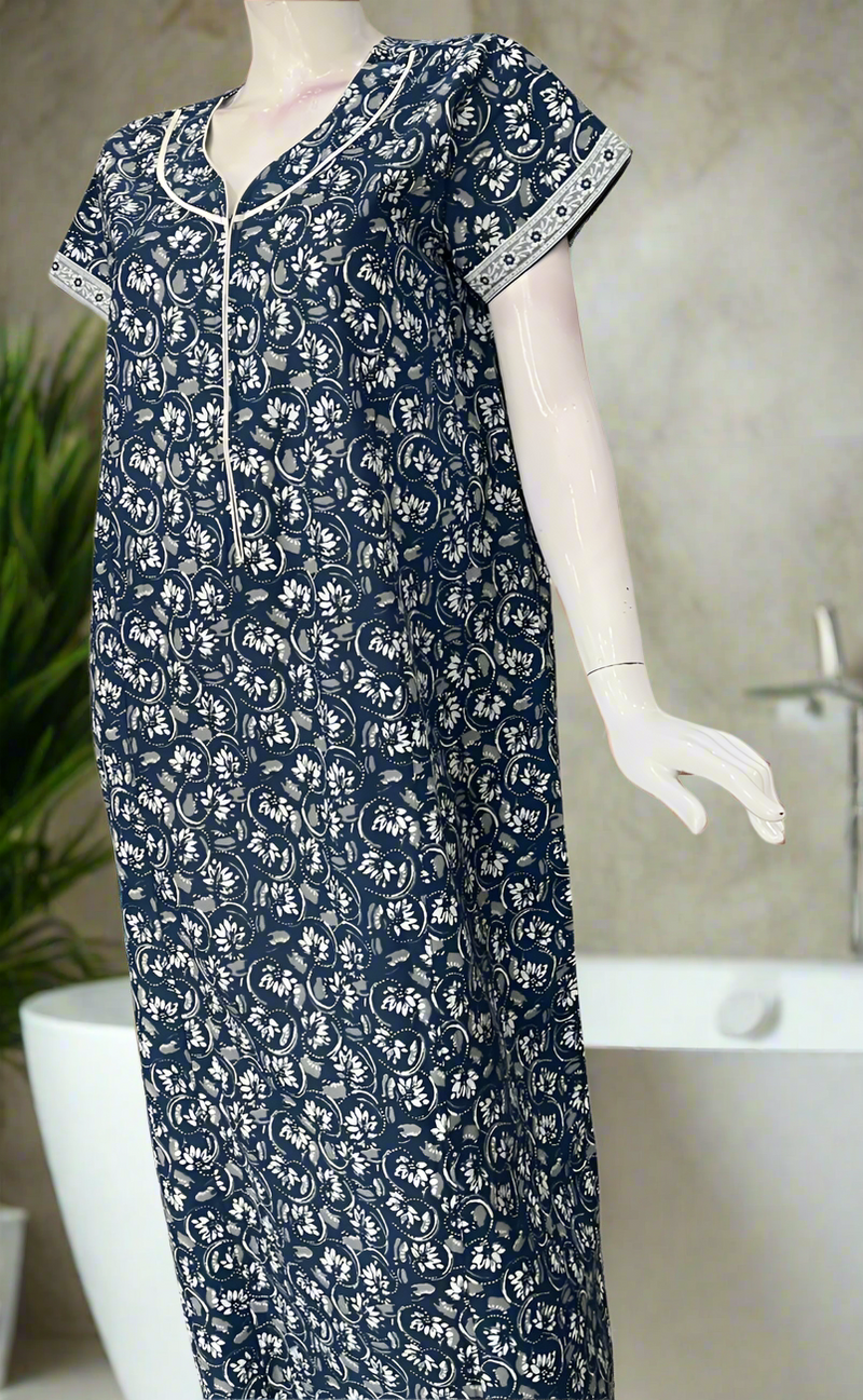 Navy Blue Garden Pure Cotton Zip Nighty. Pure Durable Cotton | Laces and Frills