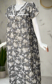 Grey Floral Soft Cotton Nighty. Soft Breathable Fabric | Laces and Frills