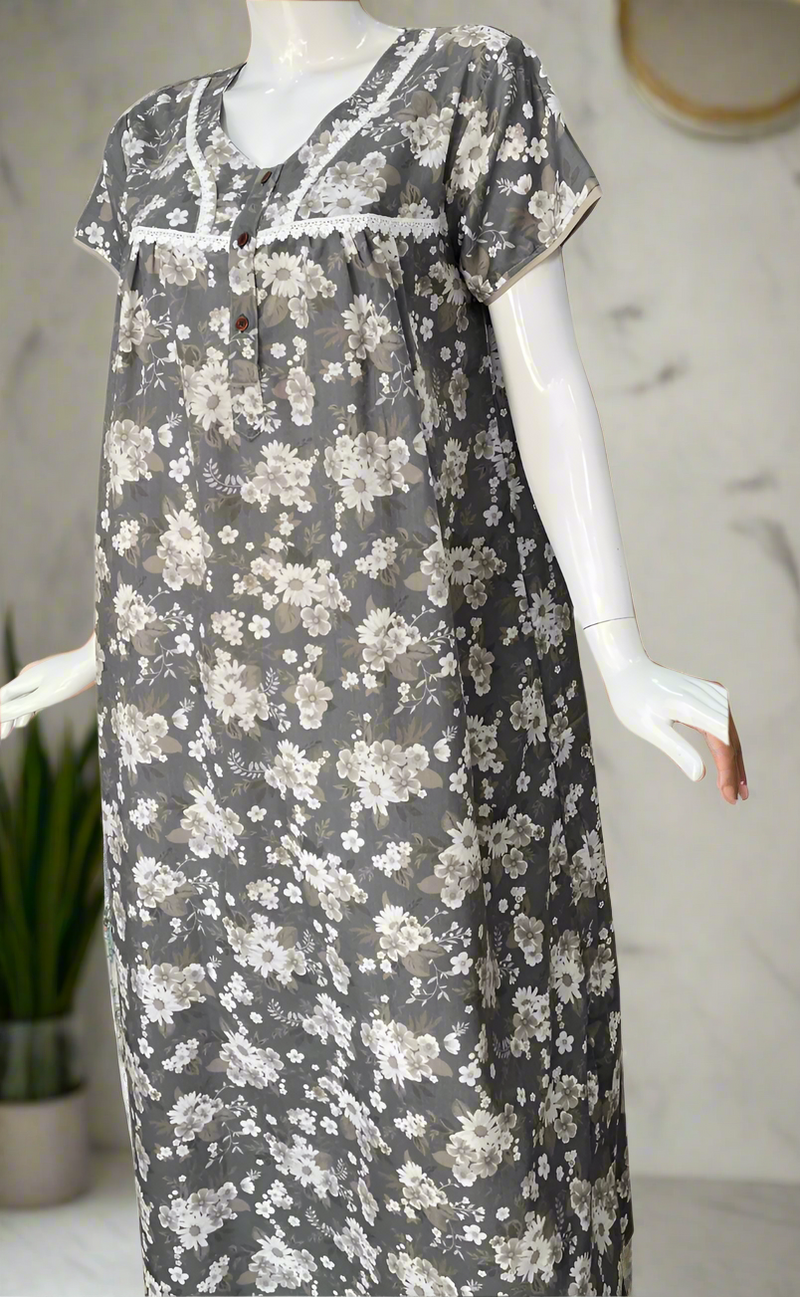 Grey Floral Soft Cotton Nighty. Soft Breathable Fabric | Laces and Frills