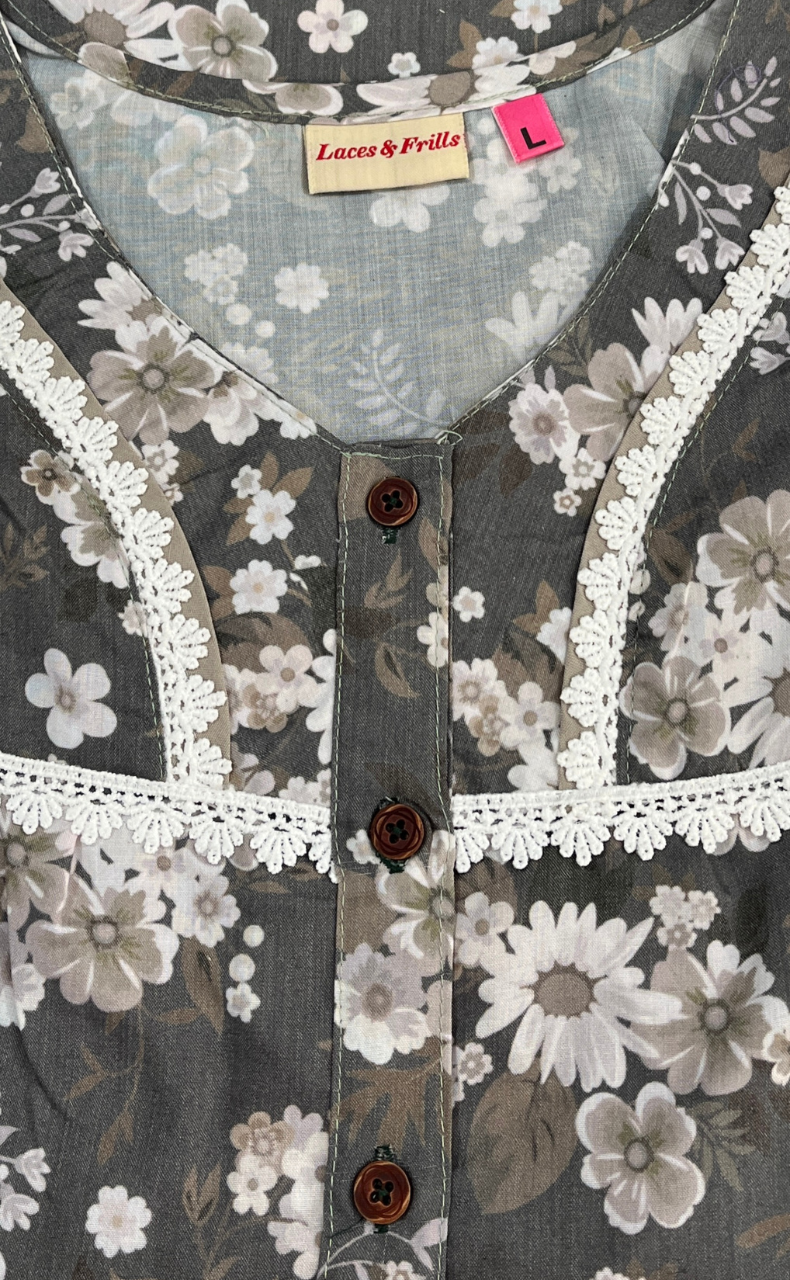 Grey Floral Soft Cotton Nighty. Soft Breathable Fabric | Laces and Frills