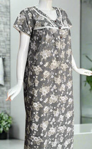 Grey Floral Soft Cotton Nighty. Soft Breathable Fabric | Laces and Frills
