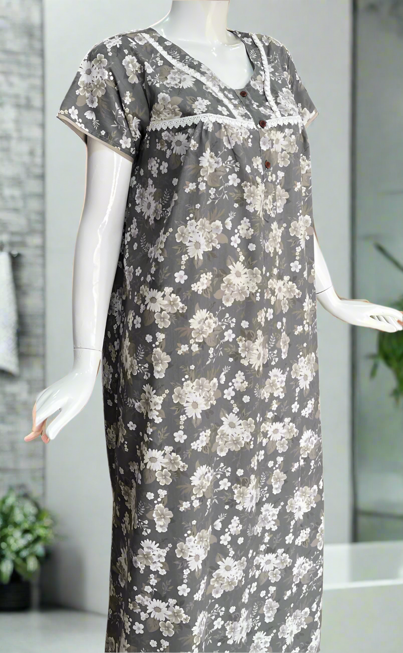 Grey Floral Soft Cotton Nighty. Soft Breathable Fabric | Laces and Frills