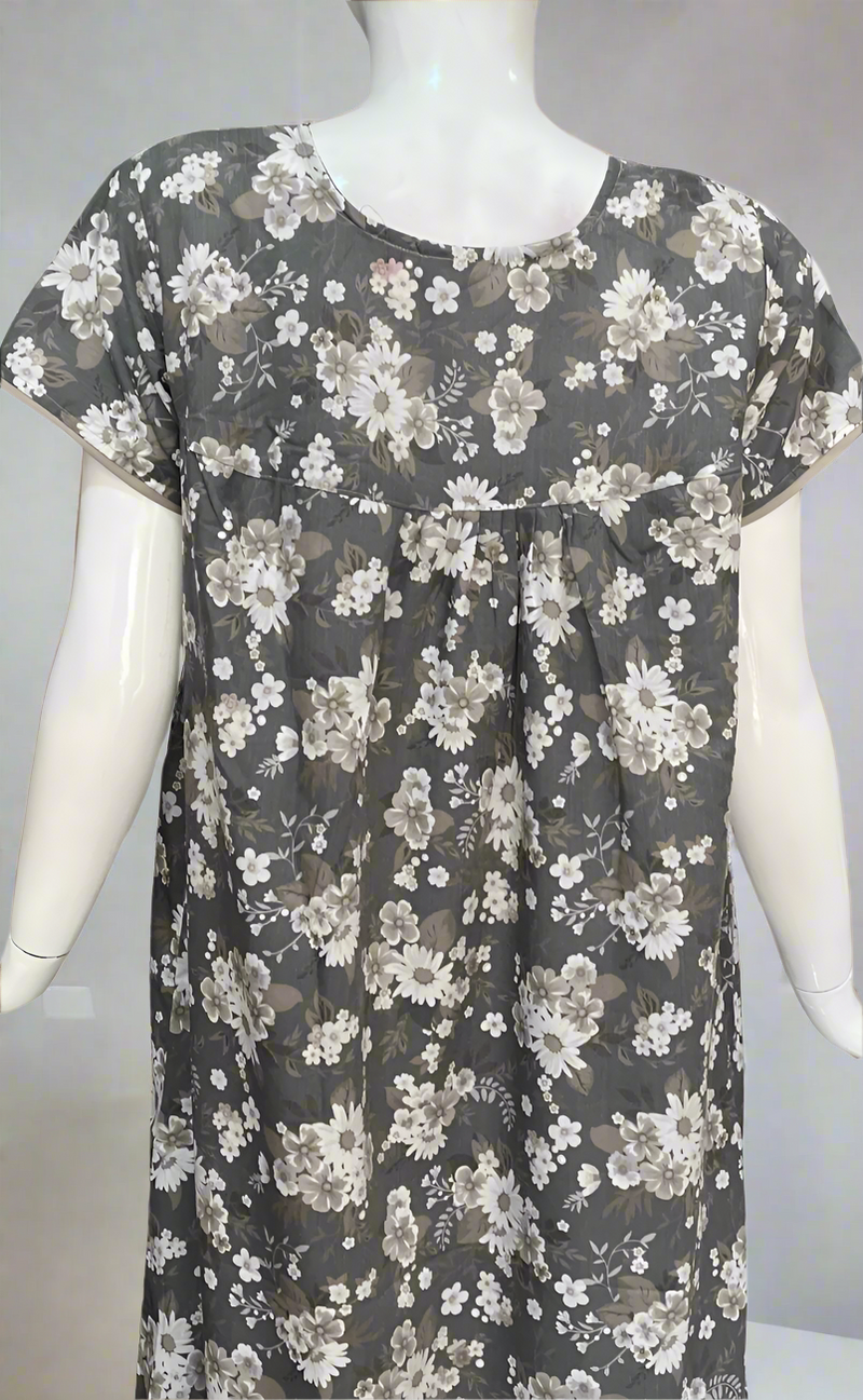 Grey Floral Soft Cotton Nighty. Soft Breathable Fabric | Laces and Frills