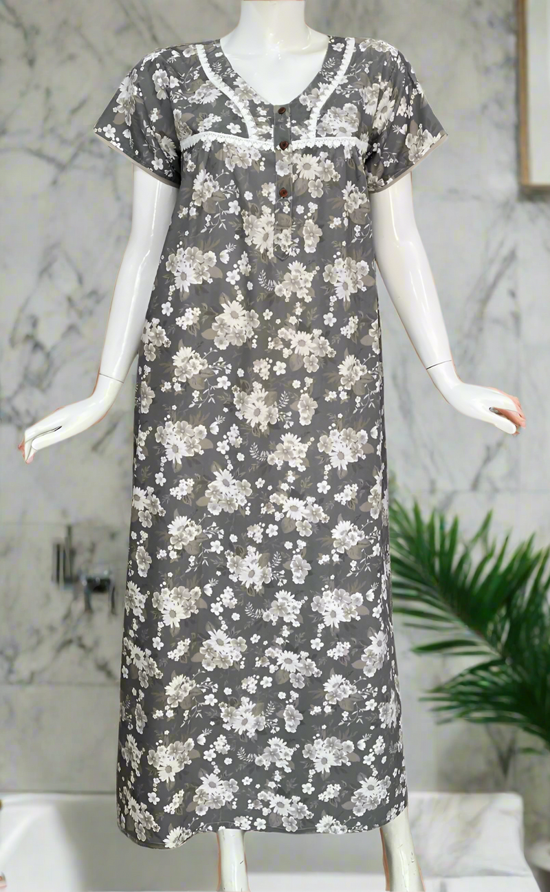 Grey Floral Soft Cotton Nighty. Soft Breathable Fabric | Laces and Frills