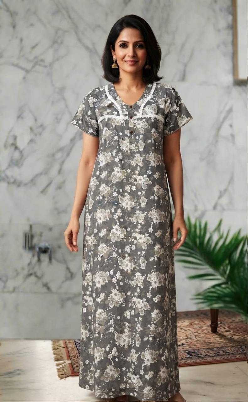 Grey Floral Soft Cotton Nighty. Soft Breathable Fabric | Laces and Frills