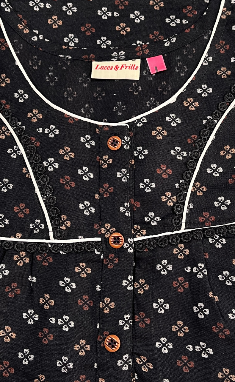 Black Tiny Floral Spun  Nighty. Flowy Spun Fabric | Laces and Frills
