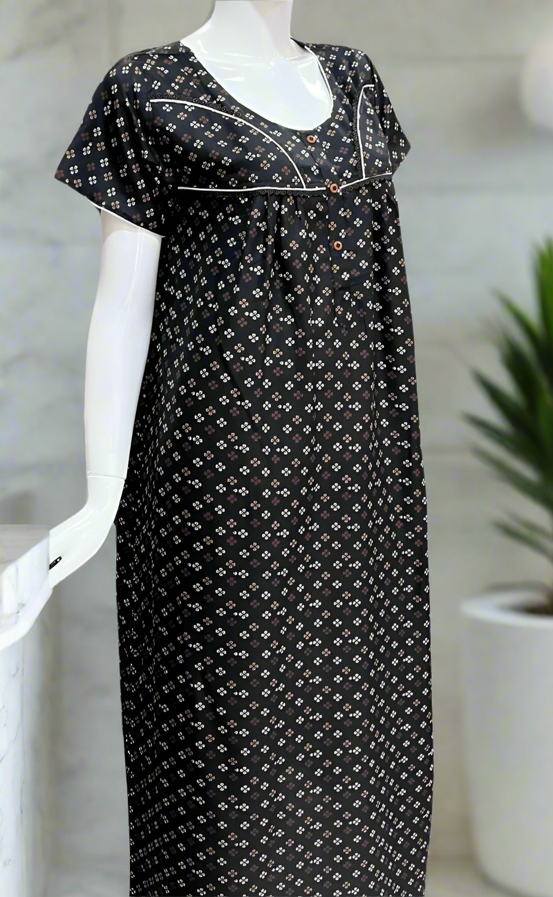 Black Tiny Floral Spun  Nighty. Flowy Spun Fabric | Laces and Frills