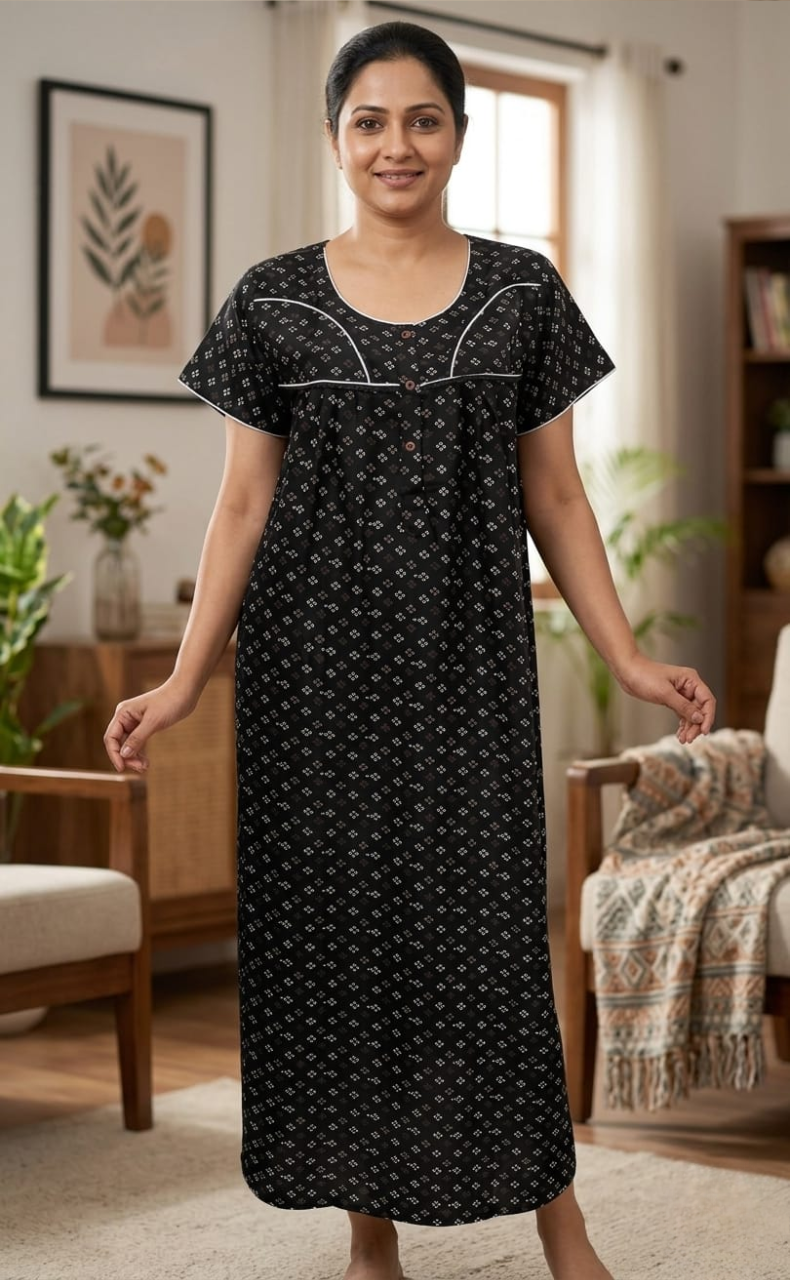 Black Tiny Floral Spun  Nighty. Flowy Spun Fabric | Laces and Frills