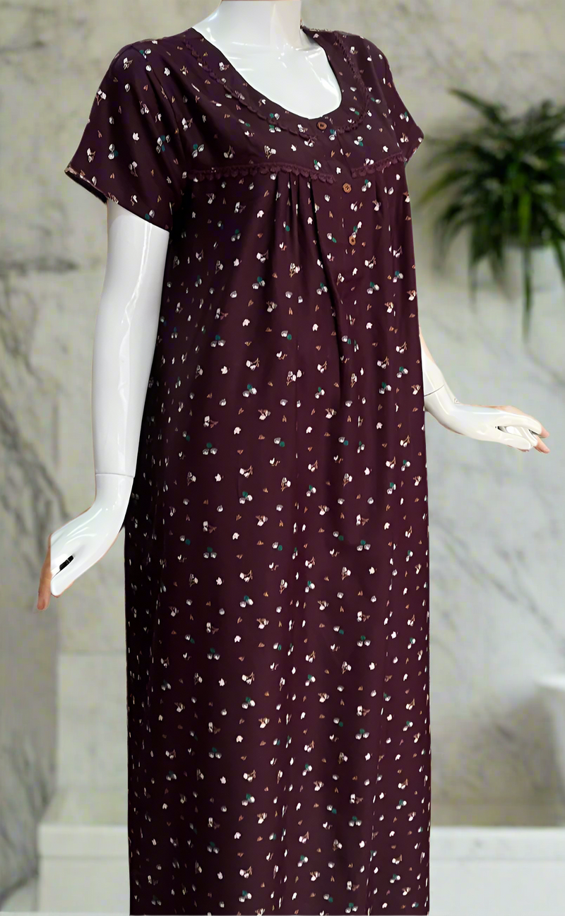 Wine Colour Tiny Floral Spun  Nighty. Flowy Spun Fabric | Laces and Frills