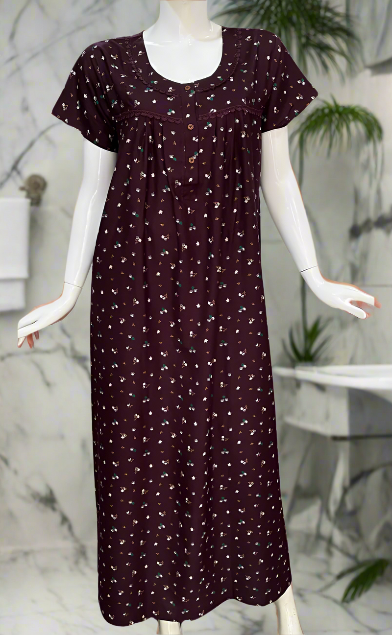 Wine Colour Tiny Floral Spun  Nighty. Flowy Spun Fabric | Laces and Frills