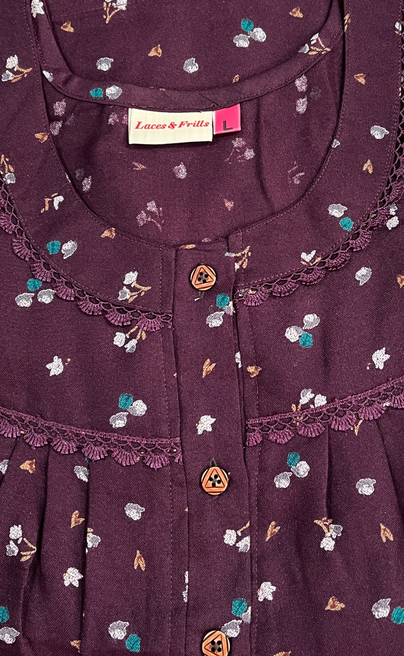 Wine Colour Tiny Floral Spun  Nighty. Flowy Spun Fabric | Laces and Frills