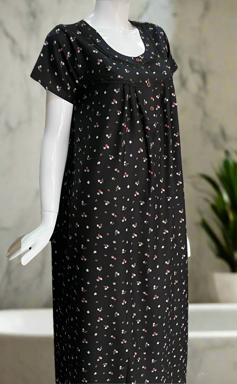 Black Tiny Floral Spun  Nighty. Flowy Spun Fabric | Laces and Frills