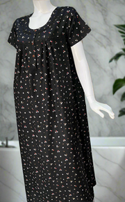 Black Tiny Floral Spun  Nighty. Flowy Spun Fabric | Laces and Frills