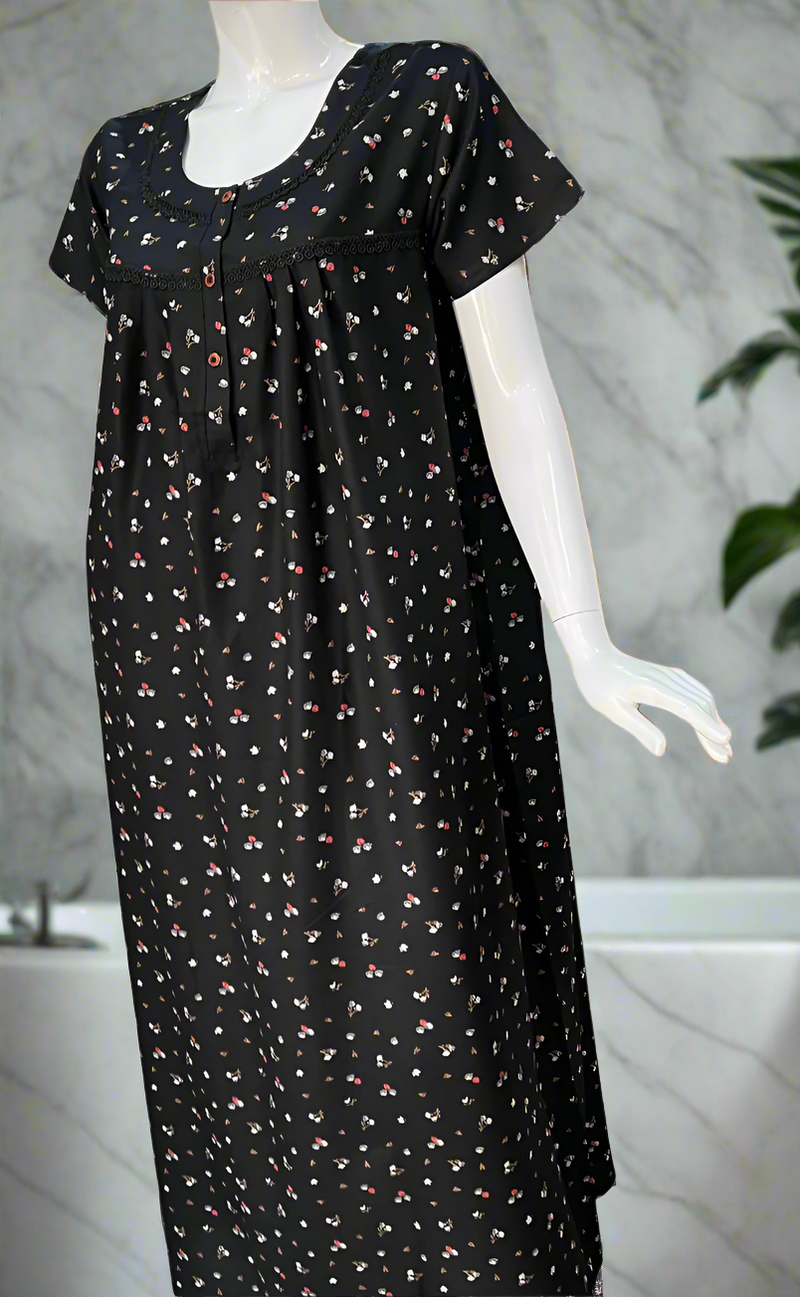 Black Tiny Floral Spun  Nighty. Flowy Spun Fabric | Laces and Frills