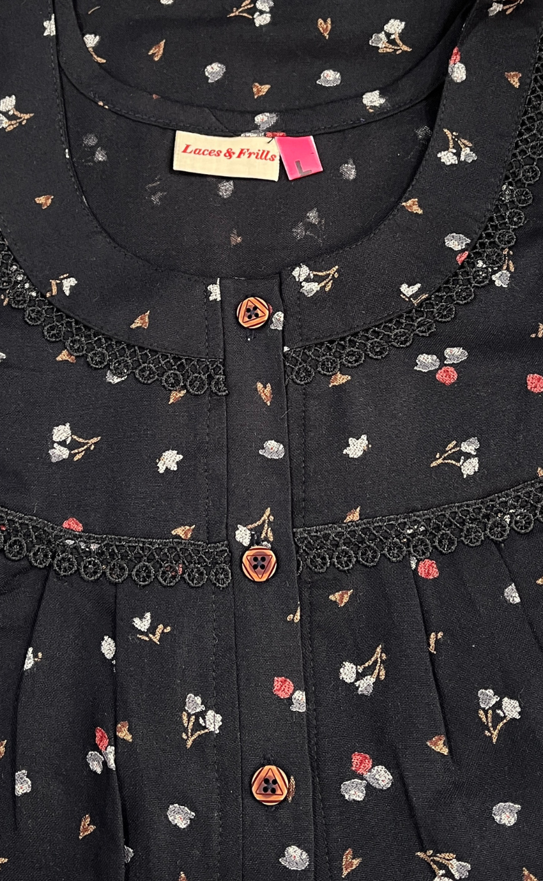 Black Tiny Floral Spun  Nighty. Flowy Spun Fabric | Laces and Frills