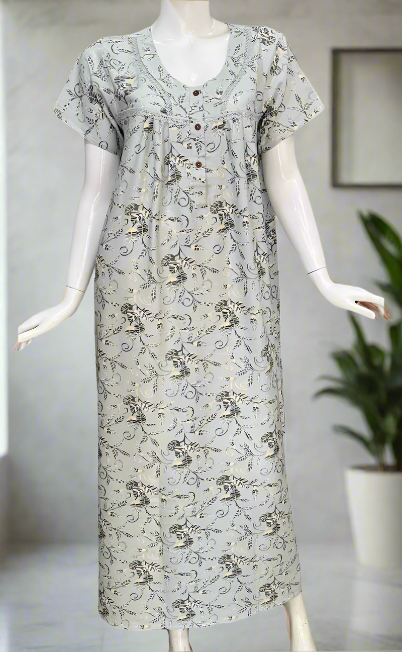 Ash Grey Leafy Spun  Nighty. Flowy Spun Fabric | Laces and Frills