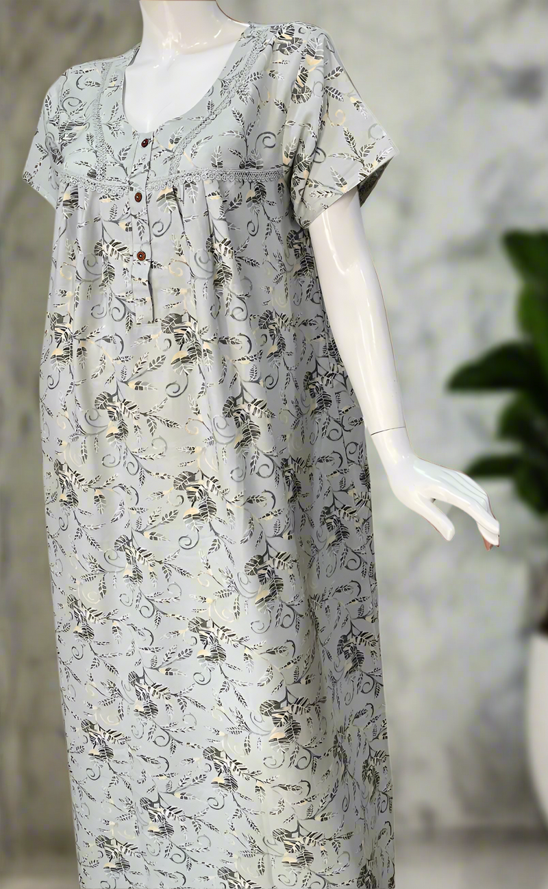 Ash Grey Leafy Spun  Nighty. Flowy Spun Fabric | Laces and Frills