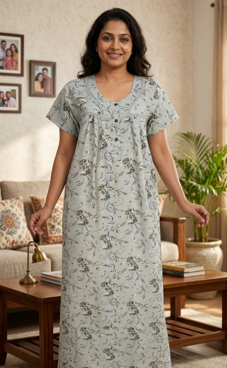 Ash Grey Leafy Spun  Nighty. Flowy Spun Fabric | Laces and Frills